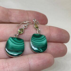 Malachite Earrings W/Peridot Accents | Solid Sterling Silver Earrings